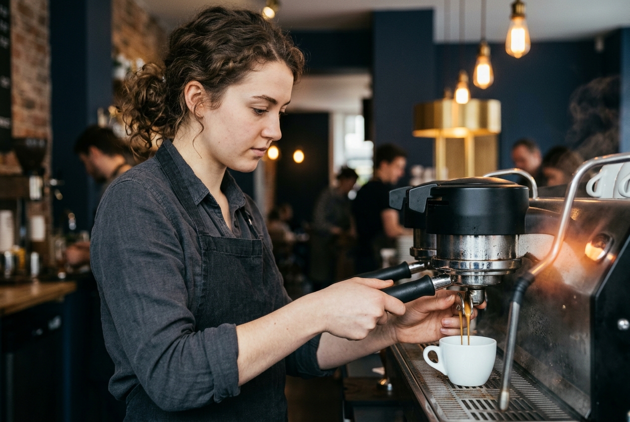 Barista extrayendo un espresso