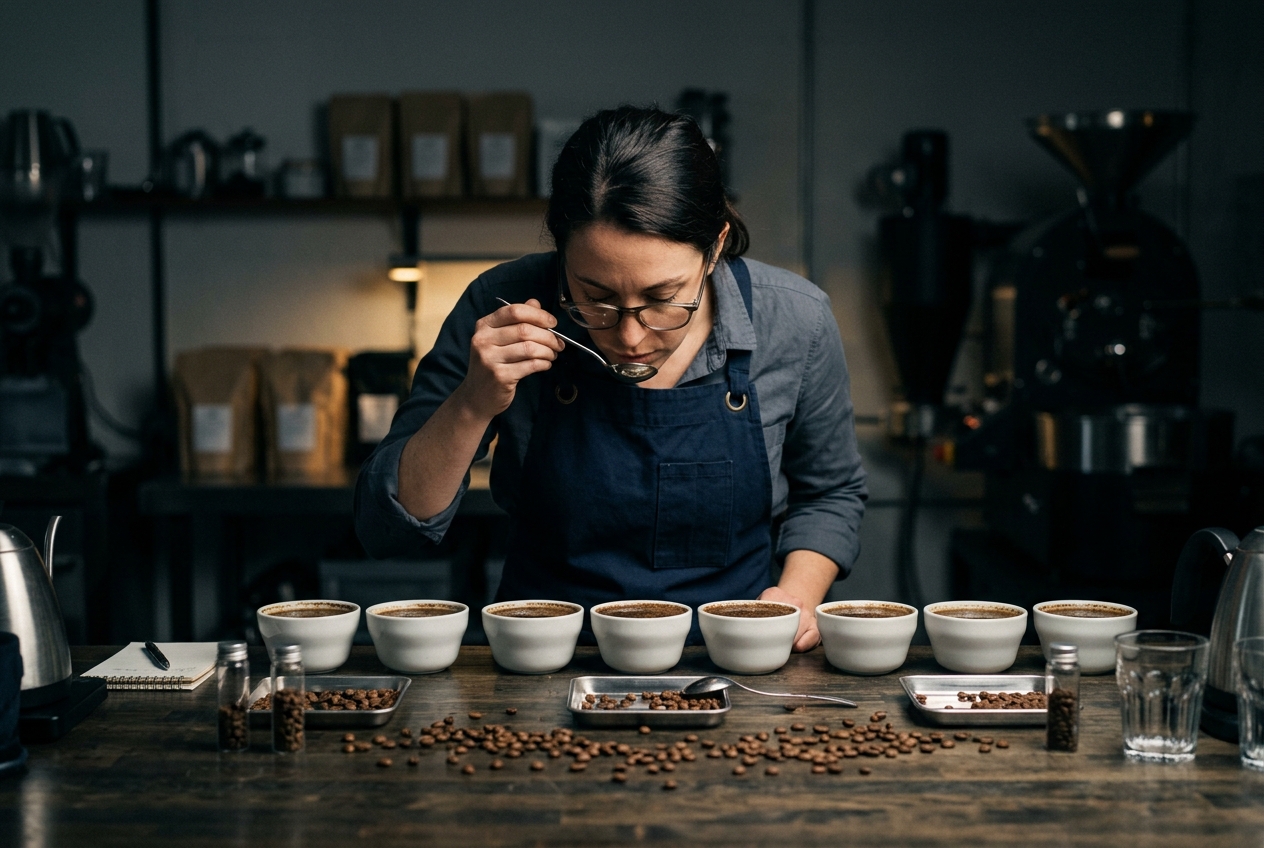 Barista profesional realizando una cata de café